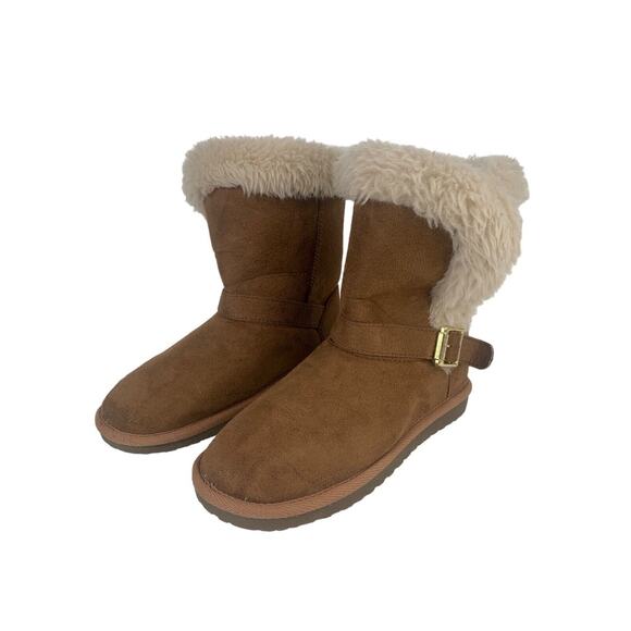 Place Brown Suede Girls Boots With Faux Fur Lining & Buckle Size 2 - Picture 1 of 9